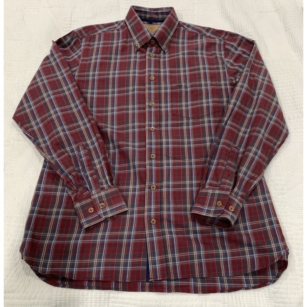 King Ranch Shirt Mens Large Red Blue Long Sleeve Button Up Plaid Pocket Cotton